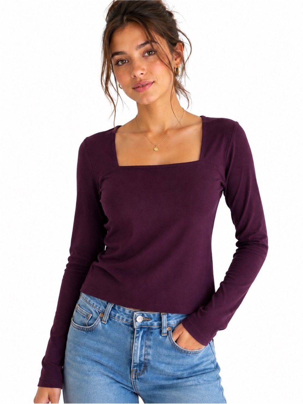 Express Square Neck Long Sleeve Top Burgundy - Size S